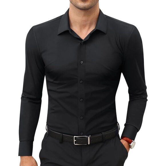 Men's Black Long Sleeve Slim Muscle Fit Wrinkle Free Button Down Dress Shirts - Picture 1 of 9